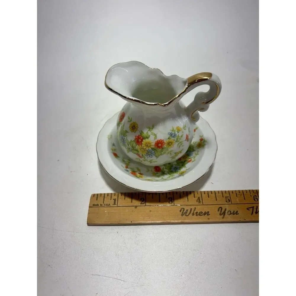 Vintage Lefton China Creamer w Saucer Hand Painted Floral Gold